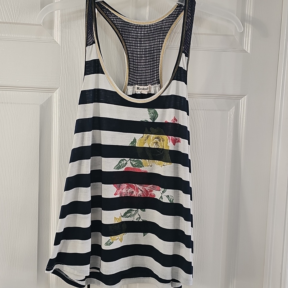 Rewind Women's Vintage Floral Striped Mesh Blue White Tank Large